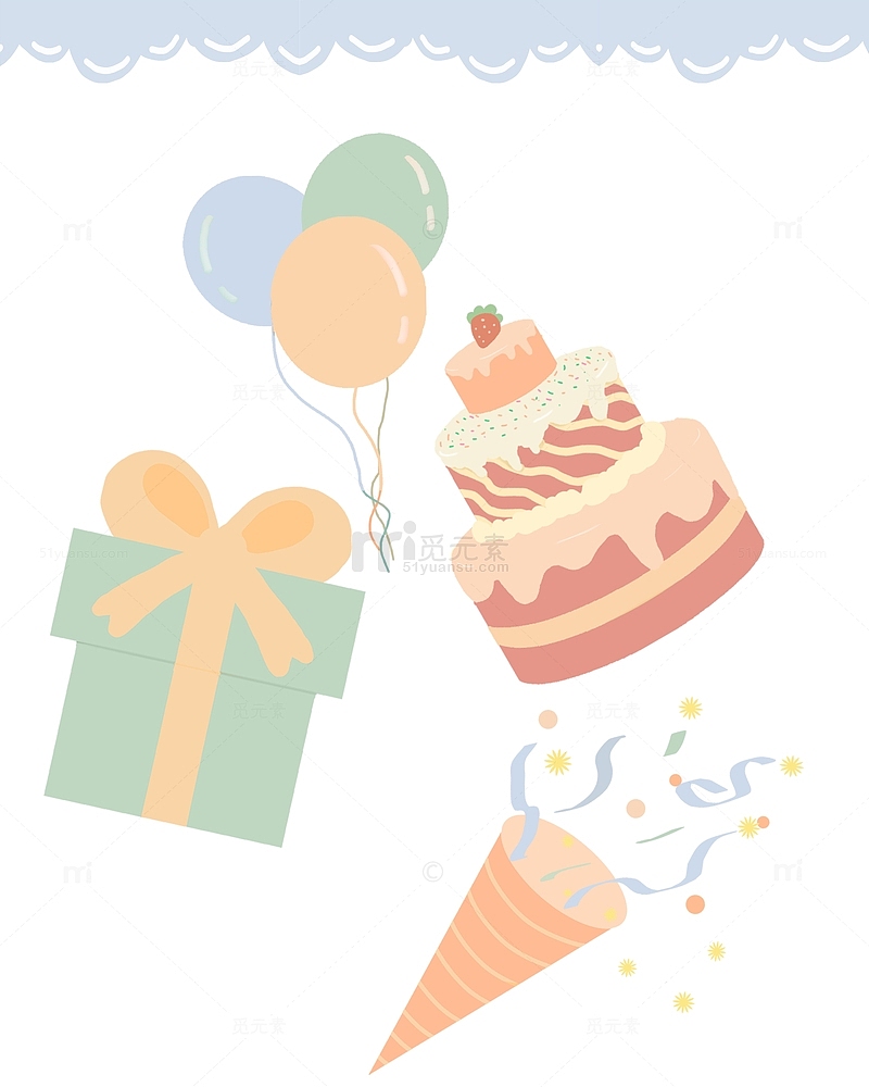 生日派对蛋糕气球礼物 可爱手绘元素卡通