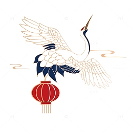复古国潮飞翔白鹤仙鹤灯笼祥云矢量