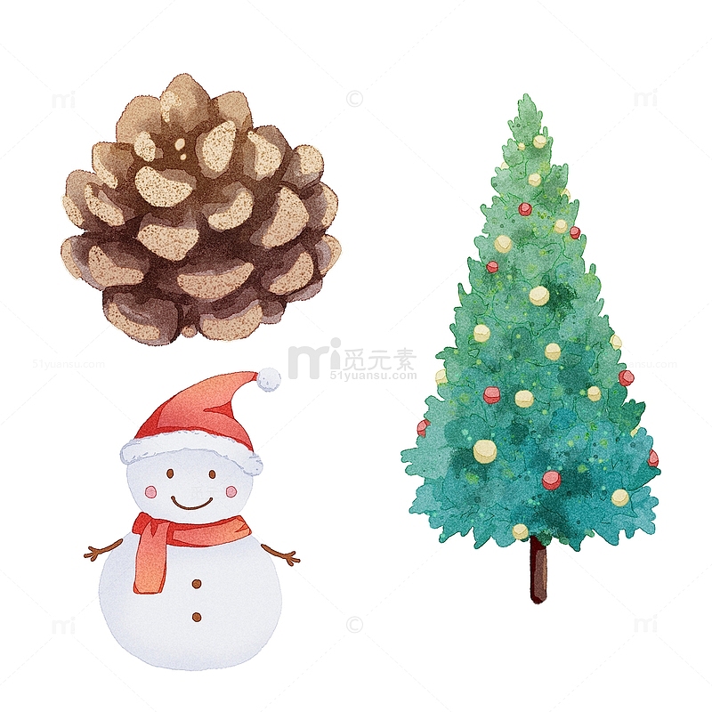 圣诞节卡通手绘雪人松果圣诞树