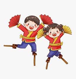 红色小年女孩男孩扇子踩高跷插画