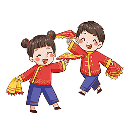 红色小年女孩男孩手帕扭秧歌插画
