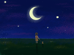 女孩和小狗仰望星空