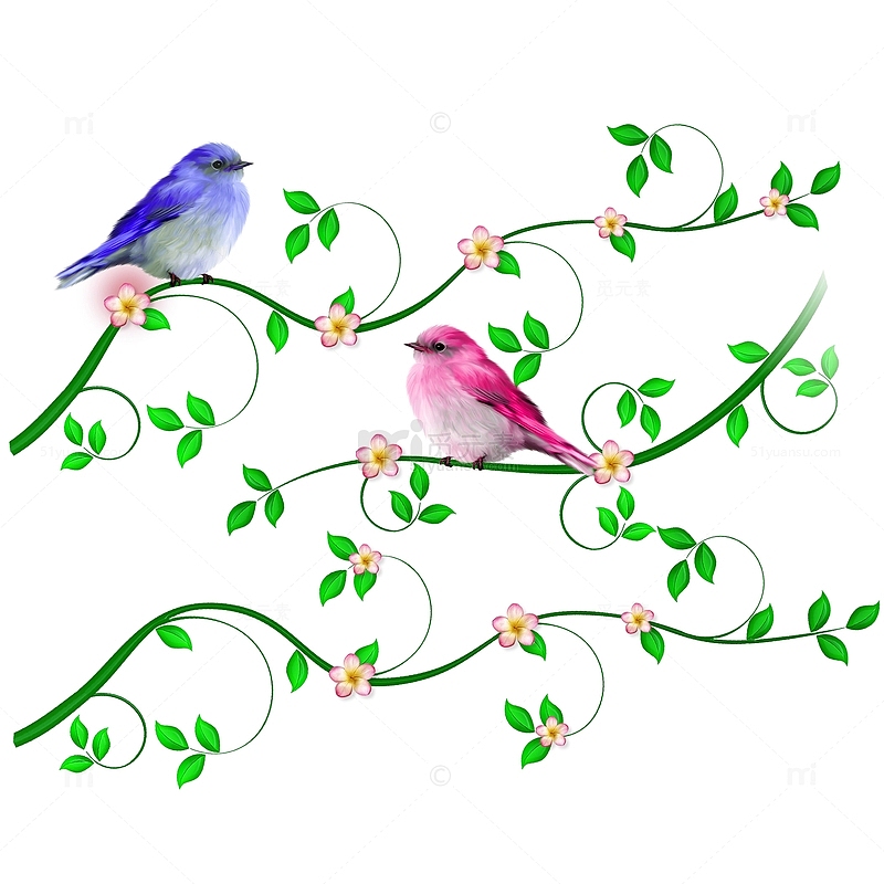 传统唯美粉蓝双色小鸟绿色花藤