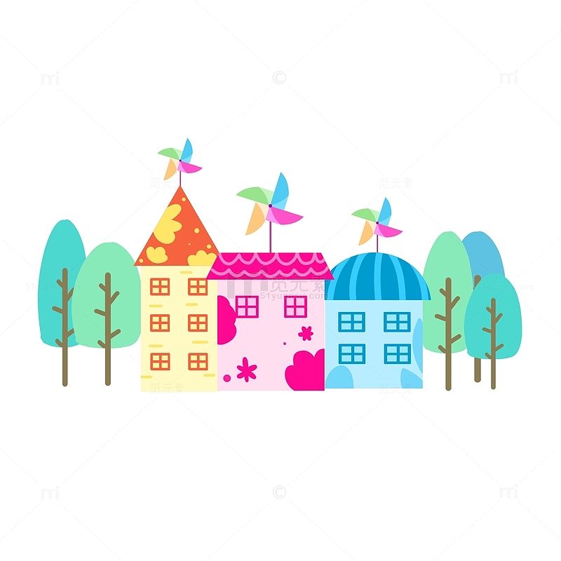彩色卡通风车和小房子六一儿童节元素