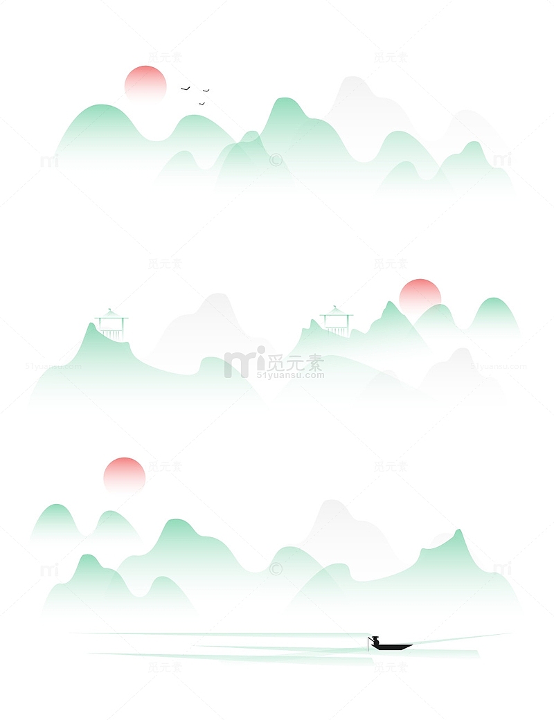 中国风传统水墨山水垂钓亭子风景插画背景