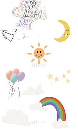 卡通儿童节素材气球彩虹太阳月亮纸飞机星星