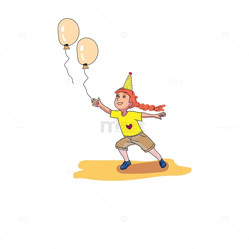卡通手绘六一小女孩微笑追气球