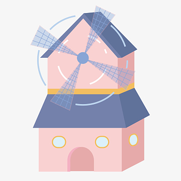 蓝粉色可爱卡通风车房子六一儿童节插画