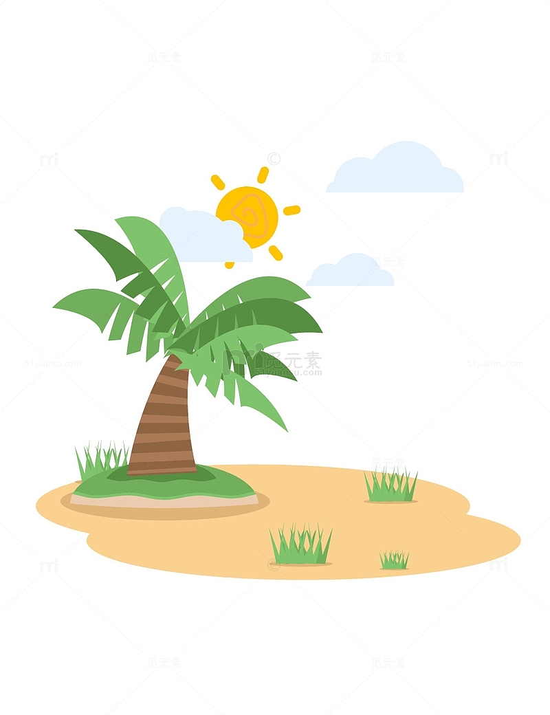 夏季椰子树蓝天白云沙滩树木装饰插画