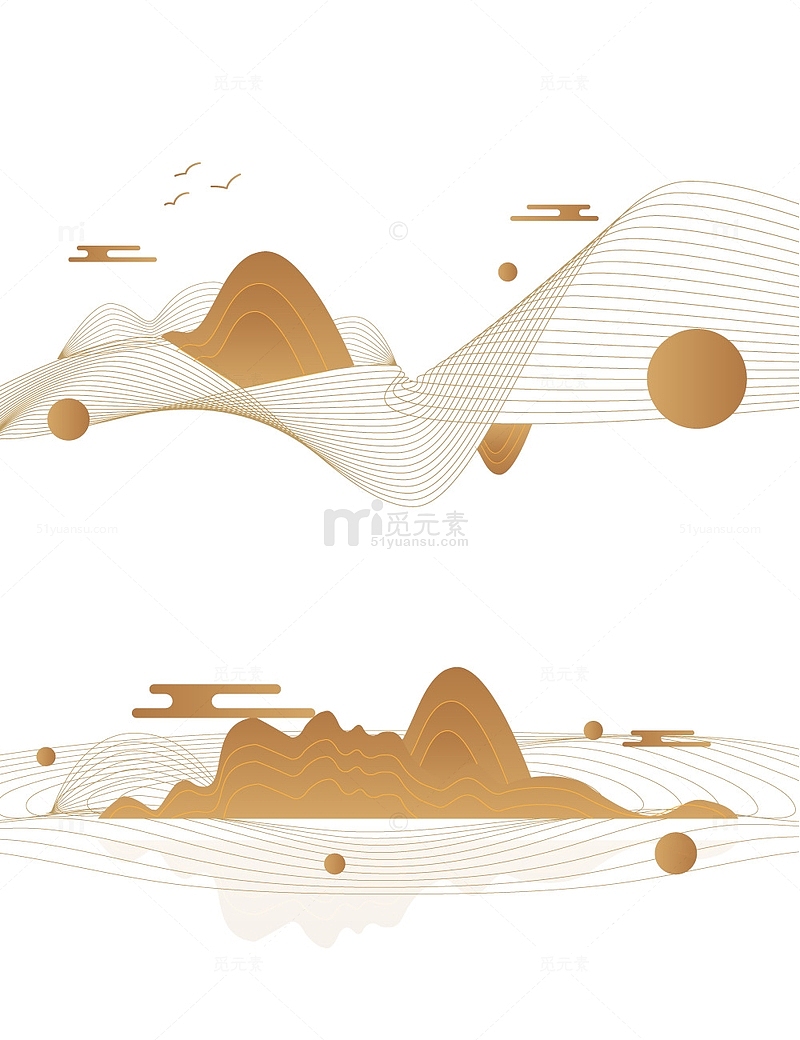 复古中国风传统线条山水风景装饰插画