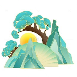 蓝色国潮风中国风夏至山树手绘图