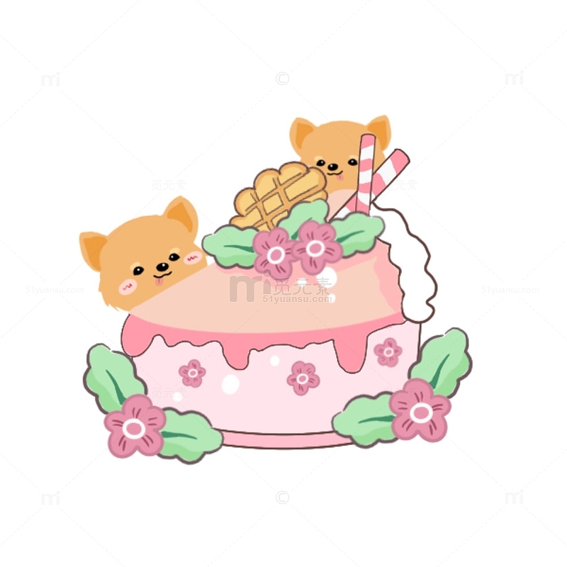 粉色可爱贪吃柯基花花蛋糕手绘图