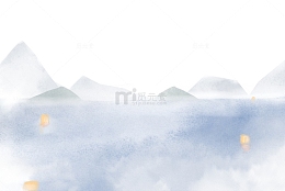 蓝色水墨水彩山水湖面河灯手绘图