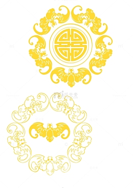 黄色中式蝙蝠环绕纹样手绘边框