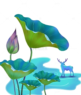 蓝绿色手绘荷花荷叶夏至麋鹿 鹿 插画元素