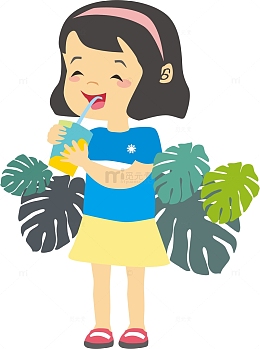 蓝色可爱喝水的小女孩夏至手绘