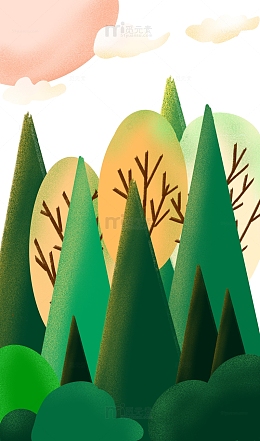 绿色山太阳云手绘插画