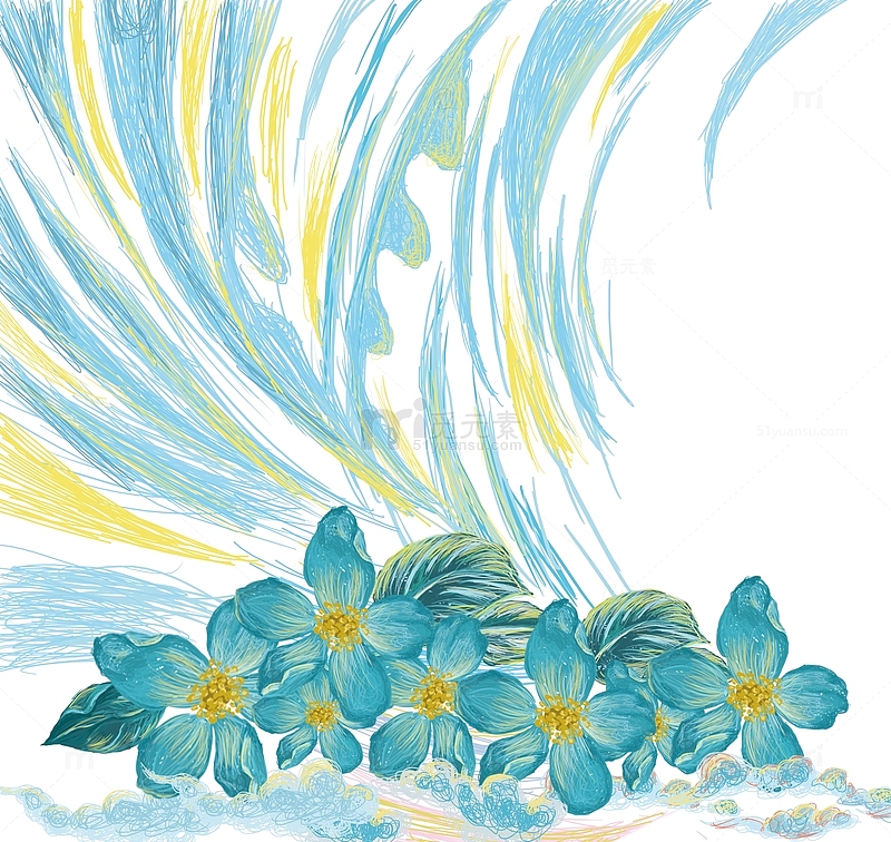 蓝色线圈插画云和花