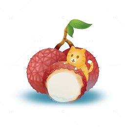 手绘可爱趴在荔枝上的小猫装饰元素