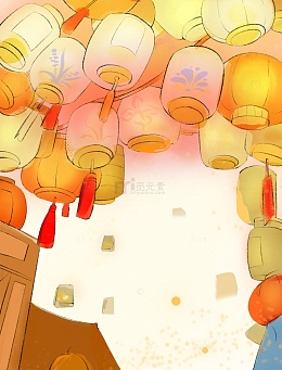 橘黄七夕灯笼花灯庙会市集灯光中国风手绘图