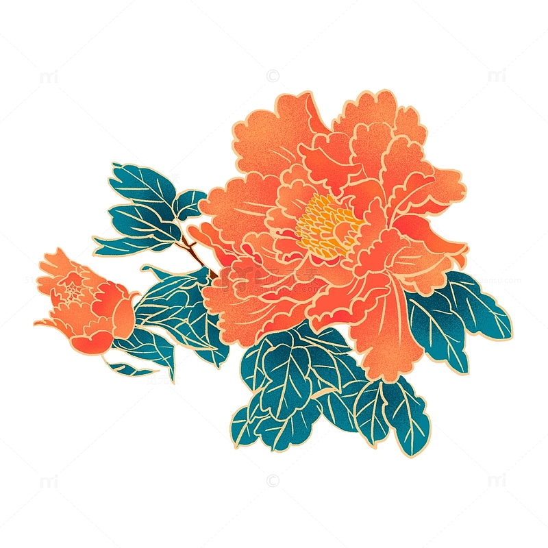 国潮牡丹花卉手绘插画元素
