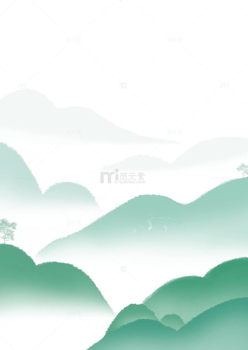 绿色中国风手绘水墨国潮云雾山脉