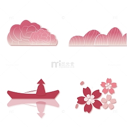 红色古风花卉小舟渔翁樱花国潮风手绘图