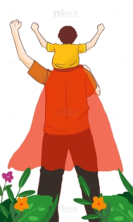 绿色花草小清新父亲节父子互动手绘图