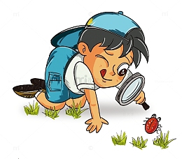 卡通手绘小男孩观察虫子