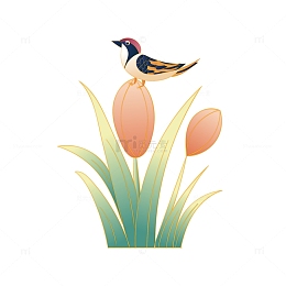 矢量手绘国潮风小鸟叶子装饰元素