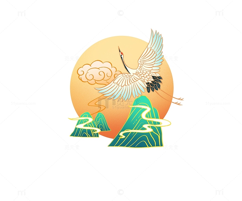 金色国潮仙鹤鸟类山流云装饰手绘