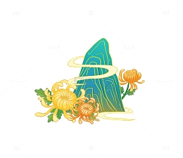 金黄色国潮中国风秋天立秋菊花山水流云手绘