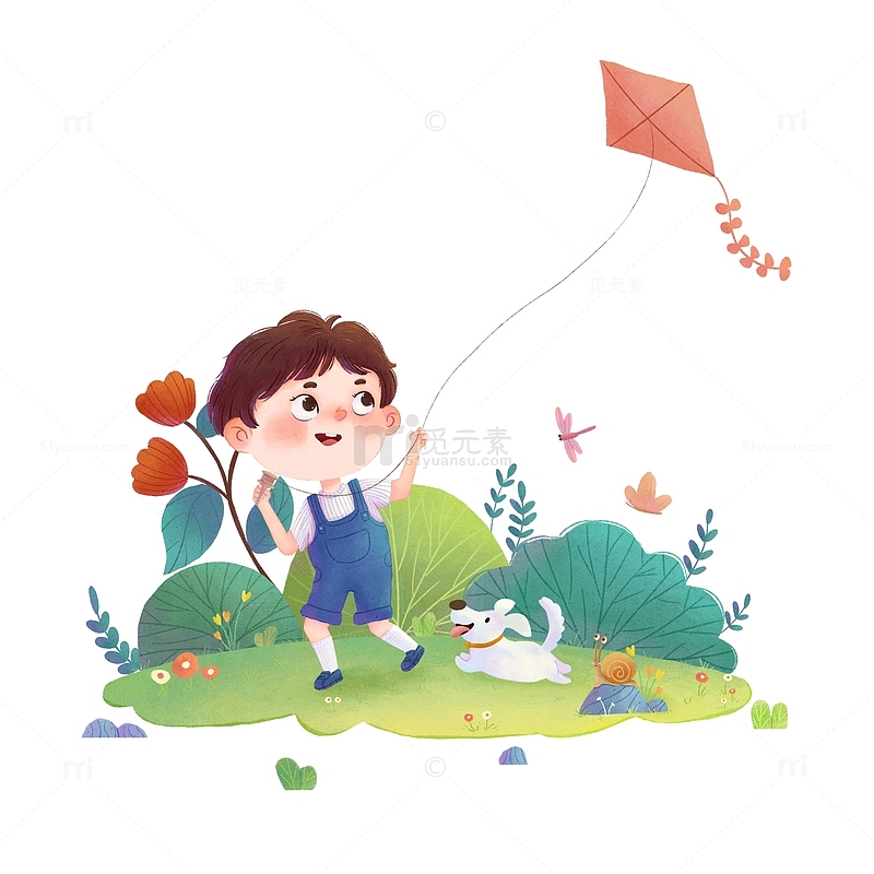 手绘绿色春天放风筝的男孩元素