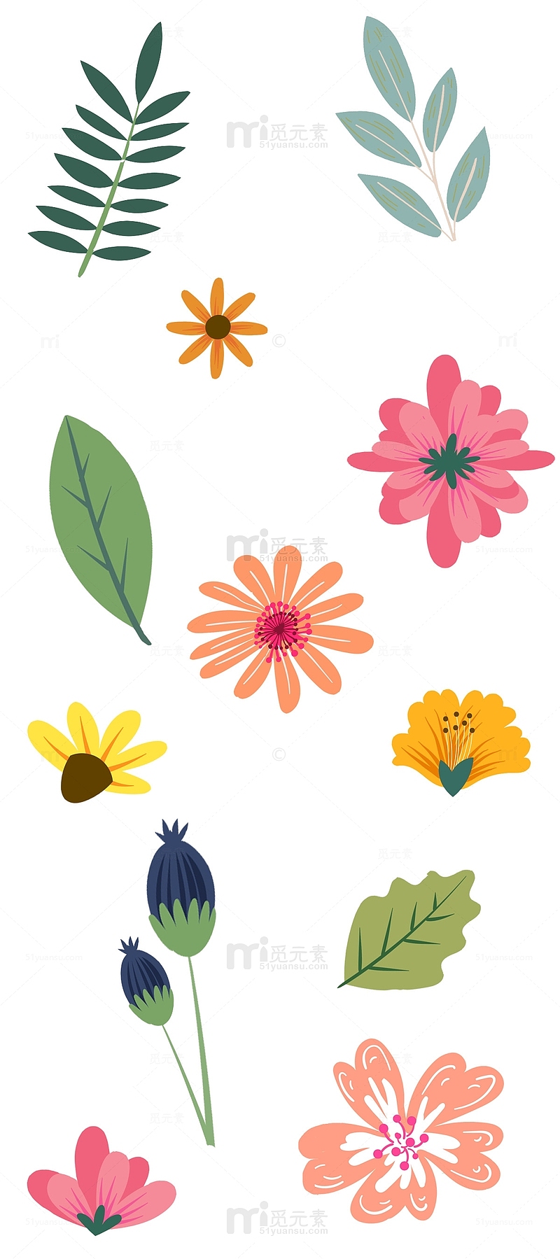 彩色小清新花朵植物扁平元素图