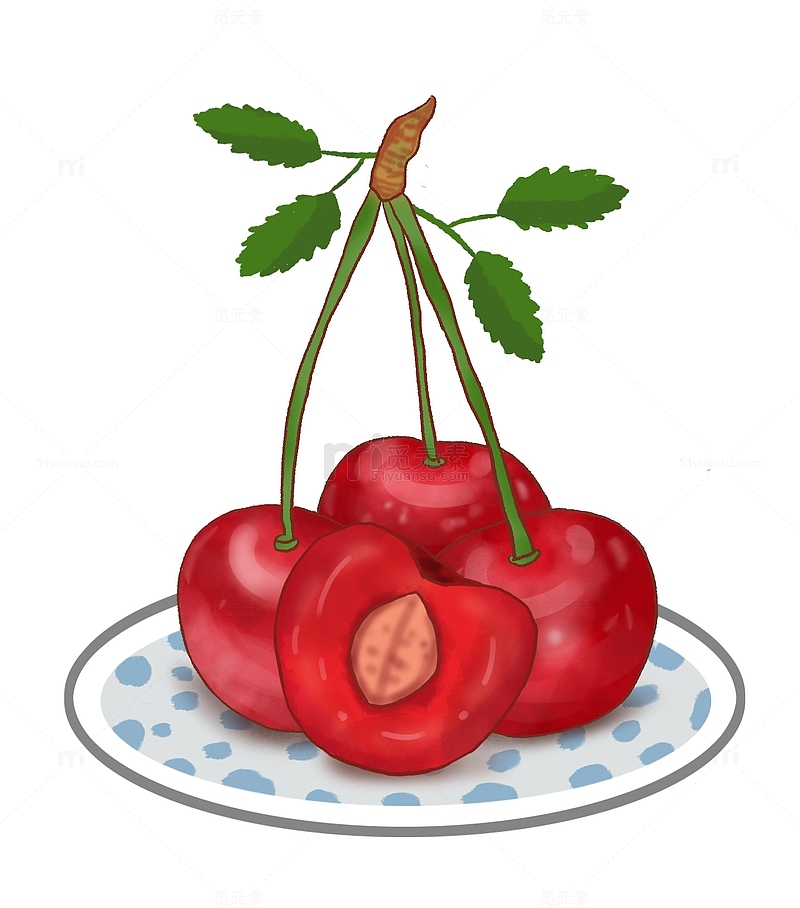 红色水果樱桃车厘子盘子手绘
