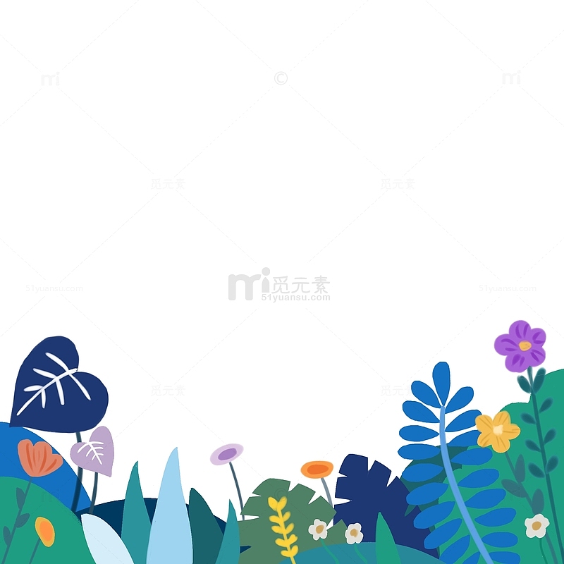 蓝绿色手绘花草丛植物叶子夏天清爽装饰元素