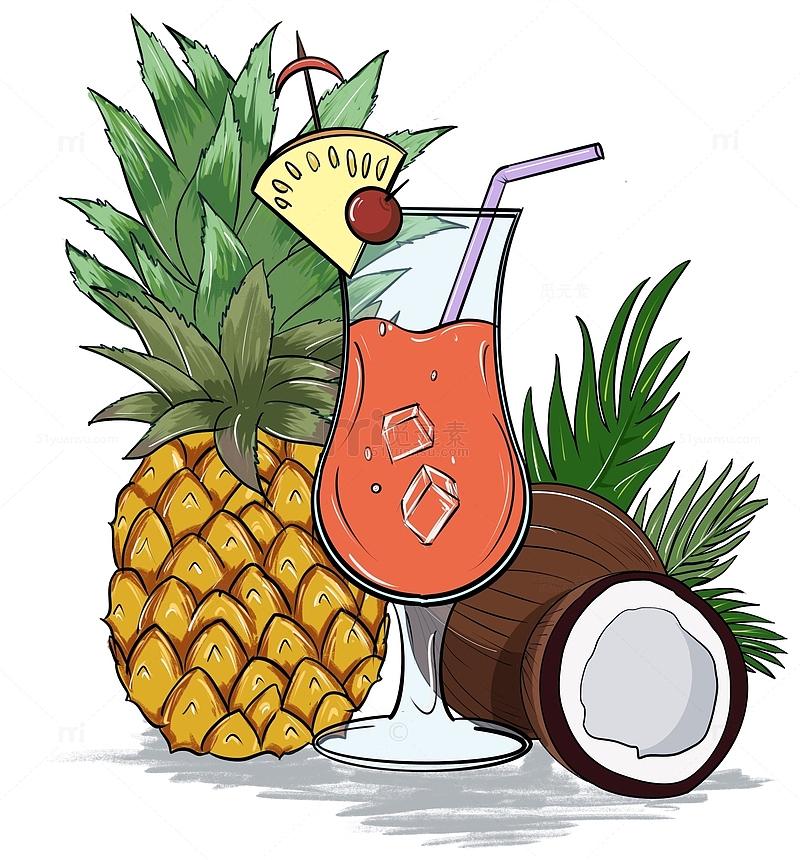 夏日水果菠萝椰子饮料冷饮手绘图