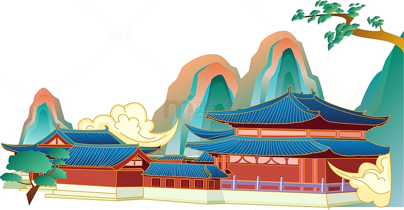 复古中国风国潮古建筑插画手绘高楼古塔