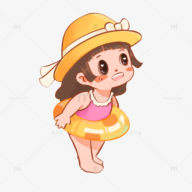 橘色夏天戴草帽游泳圈泳衣小女孩卡通人物