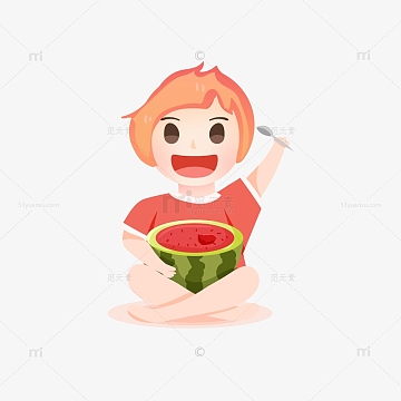 矢量手绘吃西瓜的小女孩小暑装饰元素