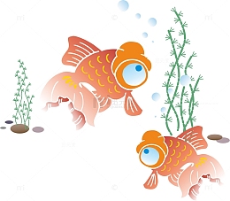 橘红可爱金鱼水草小暑手绘