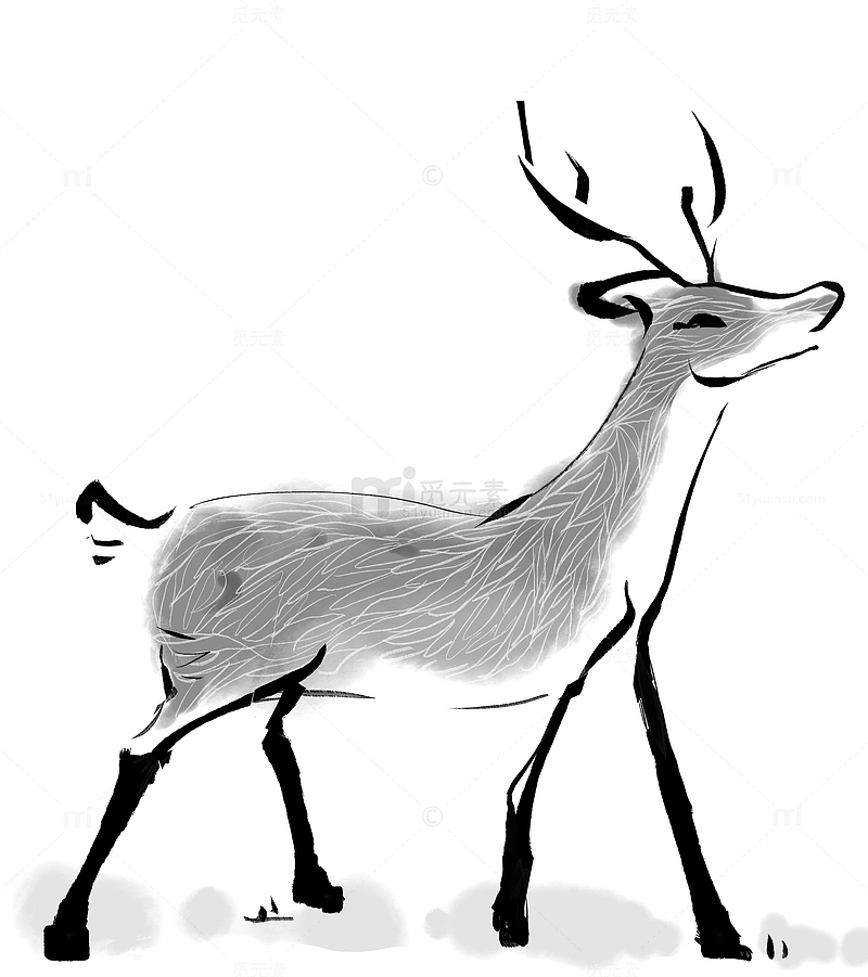 黑白水墨动物小鹿手绘素材