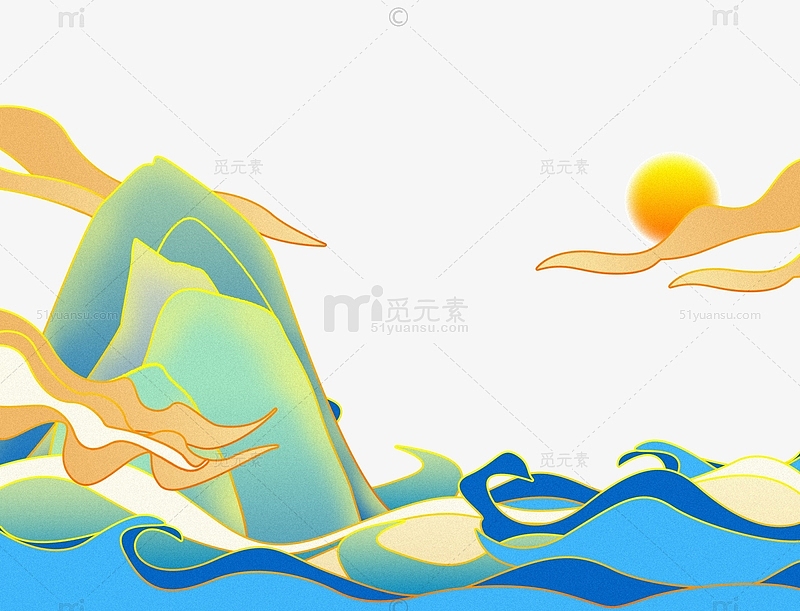 藍色國潮風中國風山云手繪元素圖