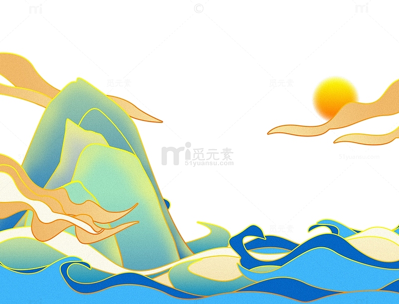 蓝色国潮风中国风山云手绘元素图