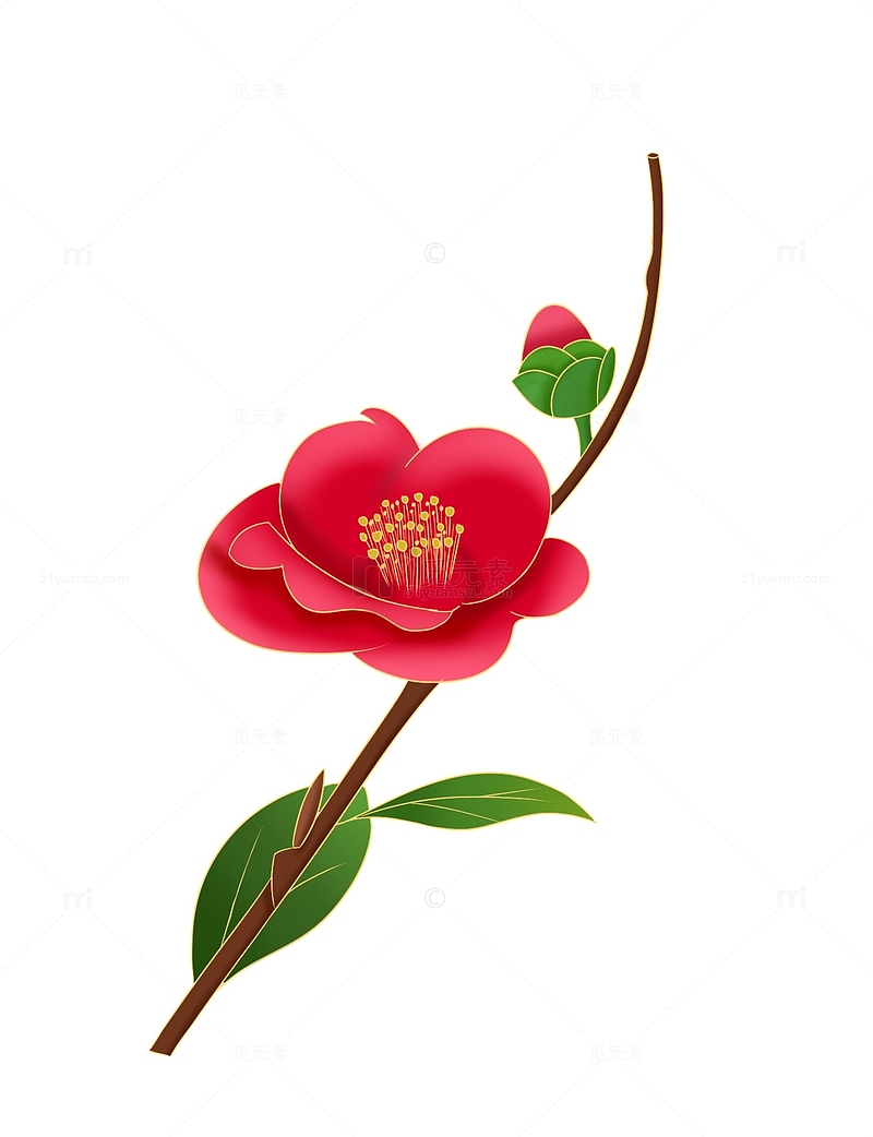 红色手绘中国风国潮山茶花唯美花朵