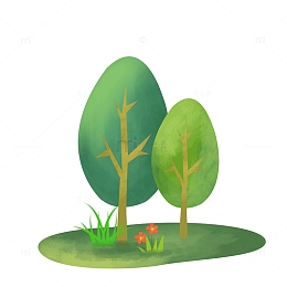 绿色清新夏季大树花草树木手绘素材