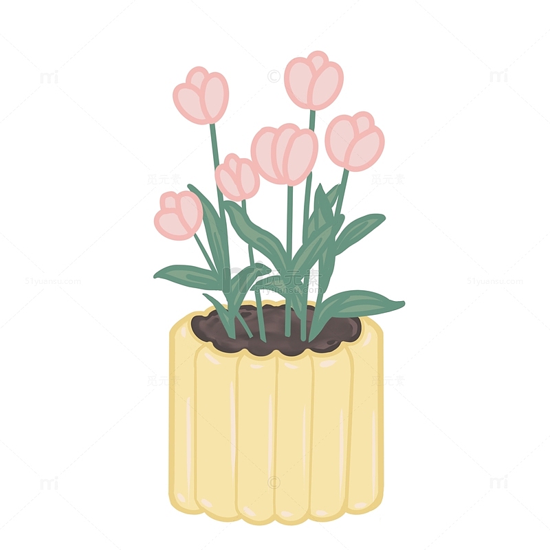 绿色粉色小清新手绘可爱花朵叶子盆栽植物
