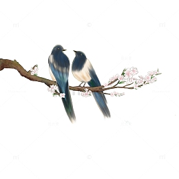 七夕桃花喜鹊国风插画元素