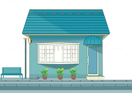 绿蓝色路边房小屋子