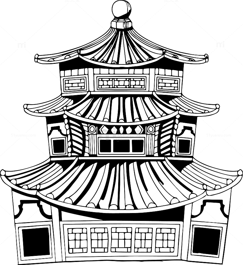 黑白中式国风建筑线稿